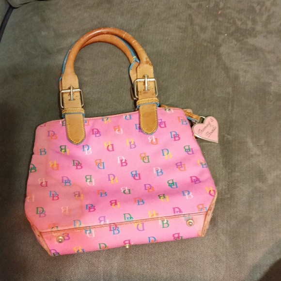 Dooney and Bourke pink multi color DB all over with tan leather handles - Picture 12 of 17